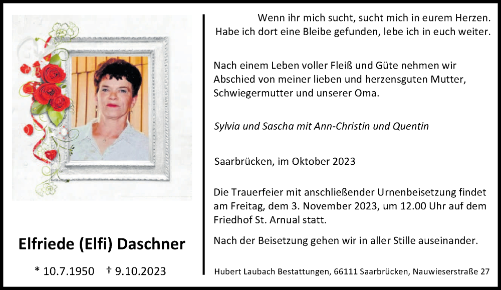  Traueranzeige für Elfriede Daschner vom 28.10.2023 aus saarbruecker_zeitung