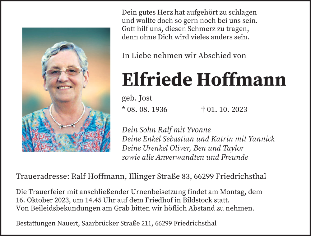 Traueranzeigen von Elfriede Hoffmann | Saarbruecker-Zeitung.Trauer.de