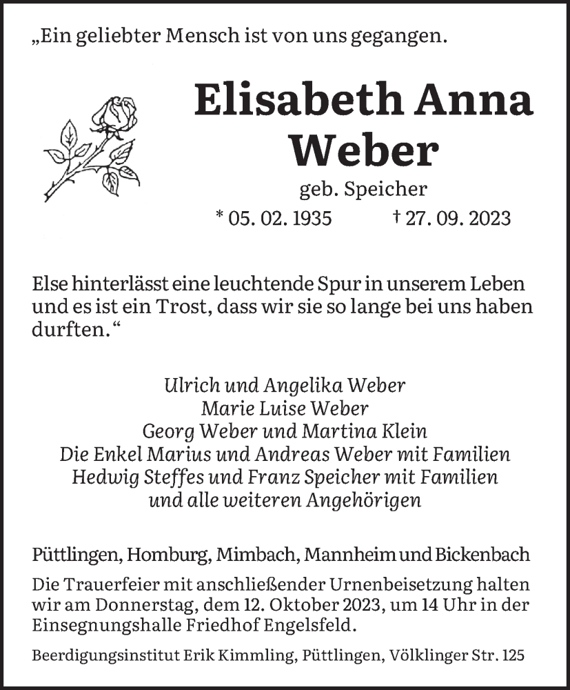  Traueranzeige für Elisabeth Weber vom 07.10.2023 aus saarbruecker_zeitung