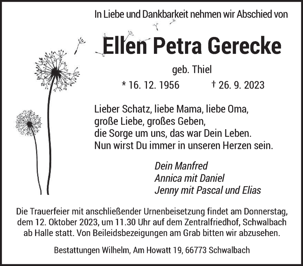  Traueranzeige für Ellen Petra Gerecke vom 07.10.2023 aus saarbruecker_zeitung