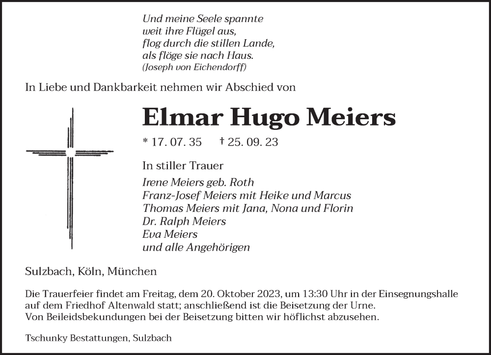  Traueranzeige für Elmar Hugo Meiers vom 14.10.2023 aus saarbruecker_zeitung