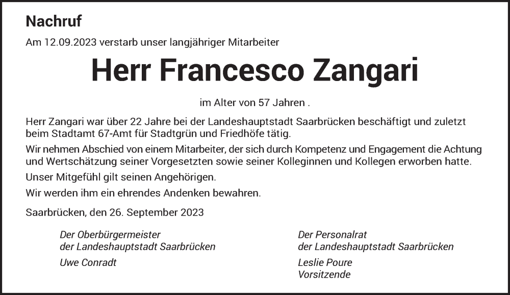  Traueranzeige für Francesco Zangari vom 30.09.2023 aus saarbruecker_zeitung