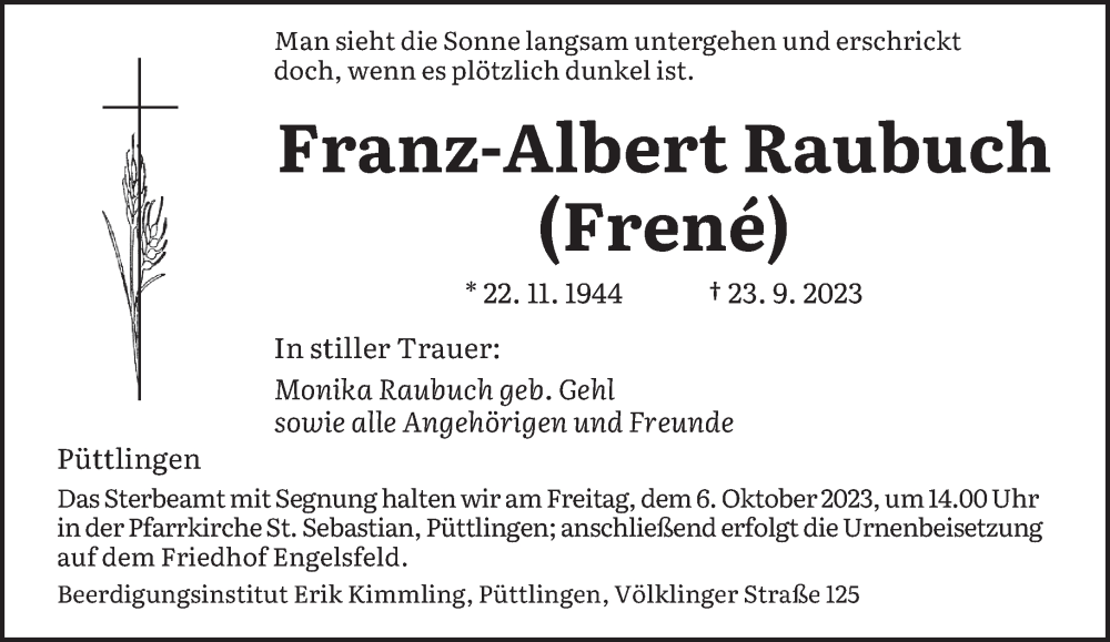  Traueranzeige für Franz-Albert Raubuch vom 30.09.2023 aus saarbruecker_zeitung