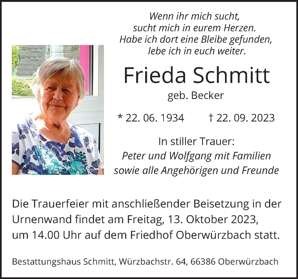  Traueranzeige für Frieda Schmitt vom 07.10.2023 aus saarbruecker_zeitung