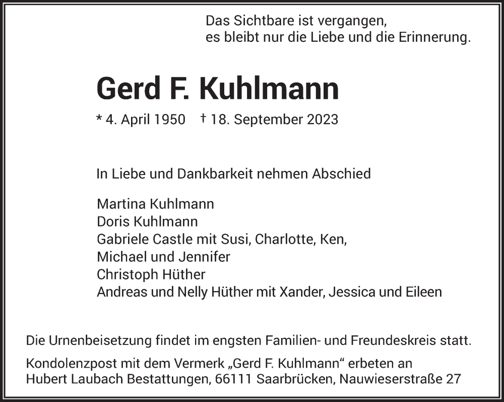  Traueranzeige für Gerd F. Kuhlmann vom 14.10.2023 aus saarbruecker_zeitung