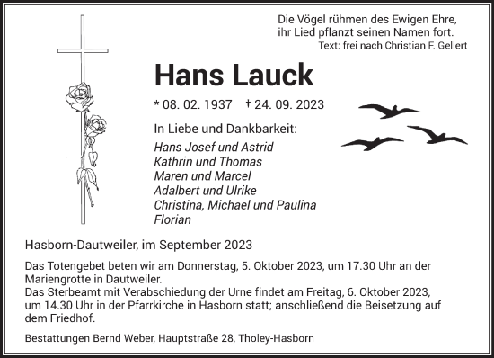 Traueranzeige von Hans Lauck von saarbruecker_zeitung