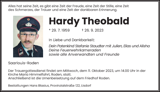 Traueranzeige von Hardy Theobald von saarbruecker_zeitung