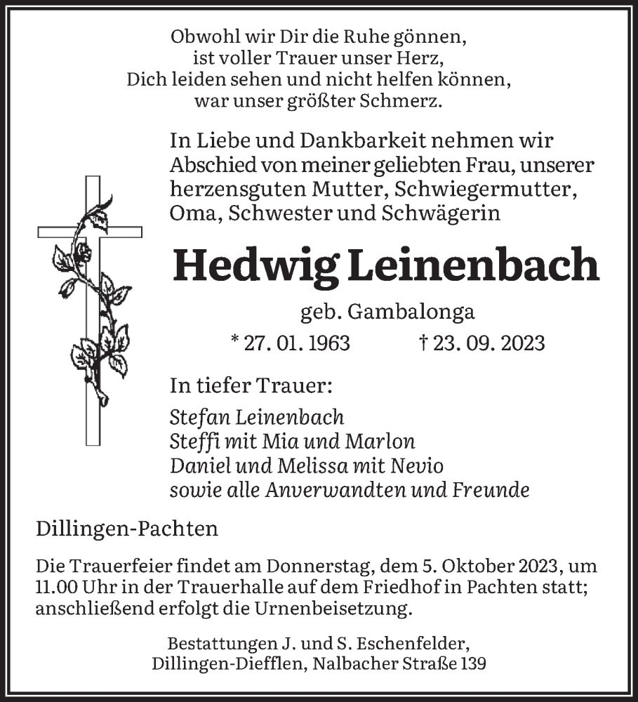  Traueranzeige für Hedwig Leinenbach vom 30.09.2023 aus saarbruecker_zeitung