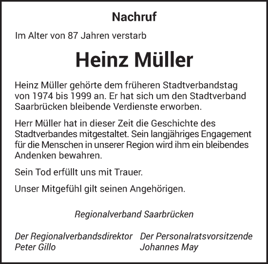 Traueranzeige von Heinz Müller von saarbruecker_zeitung