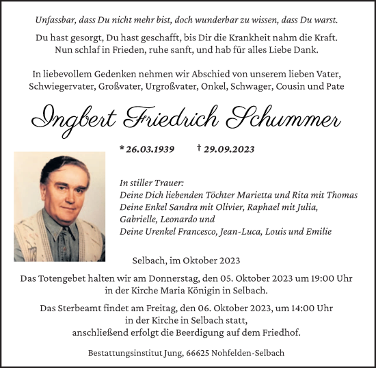 Traueranzeige von Ingbert Friedrich Schummer von saarbruecker_zeitung