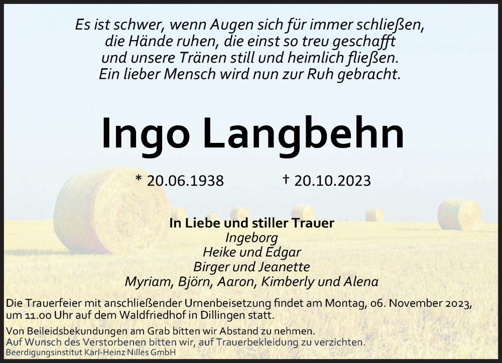  Traueranzeige für Ingo Langbehn vom 28.10.2023 aus saarbruecker_zeitung