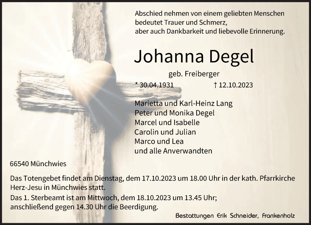  Traueranzeige für Johanna Degel vom 14.10.2023 aus saarbruecker_zeitung