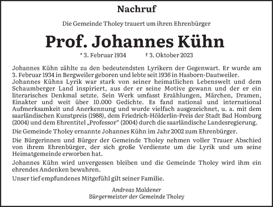 Traueranzeige von Johannes Kühn von saarbruecker_zeitung