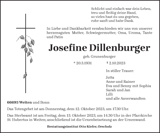 Traueranzeige von Josefine Dillenburger von saarbruecker_zeitung