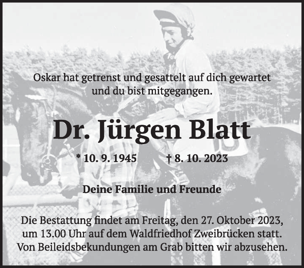  Traueranzeige für Jürgen Blatt vom 20.10.2023 aus saarbruecker_zeitung