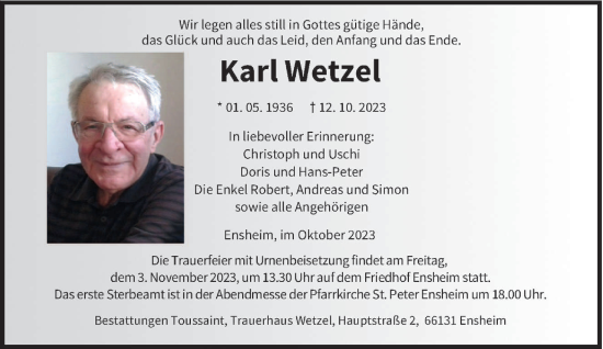 Traueranzeige von Karl Wetzel von saarbruecker_zeitung