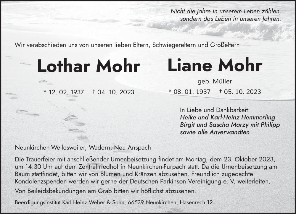  Traueranzeige für Lothar und Liane Mohr vom 14.10.2023 aus saarbruecker_zeitung