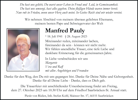 Traueranzeige von Manfred Pauly von saarbruecker_zeitung