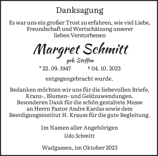 Traueranzeige von Margret Schmitt von saarbruecker_zeitung