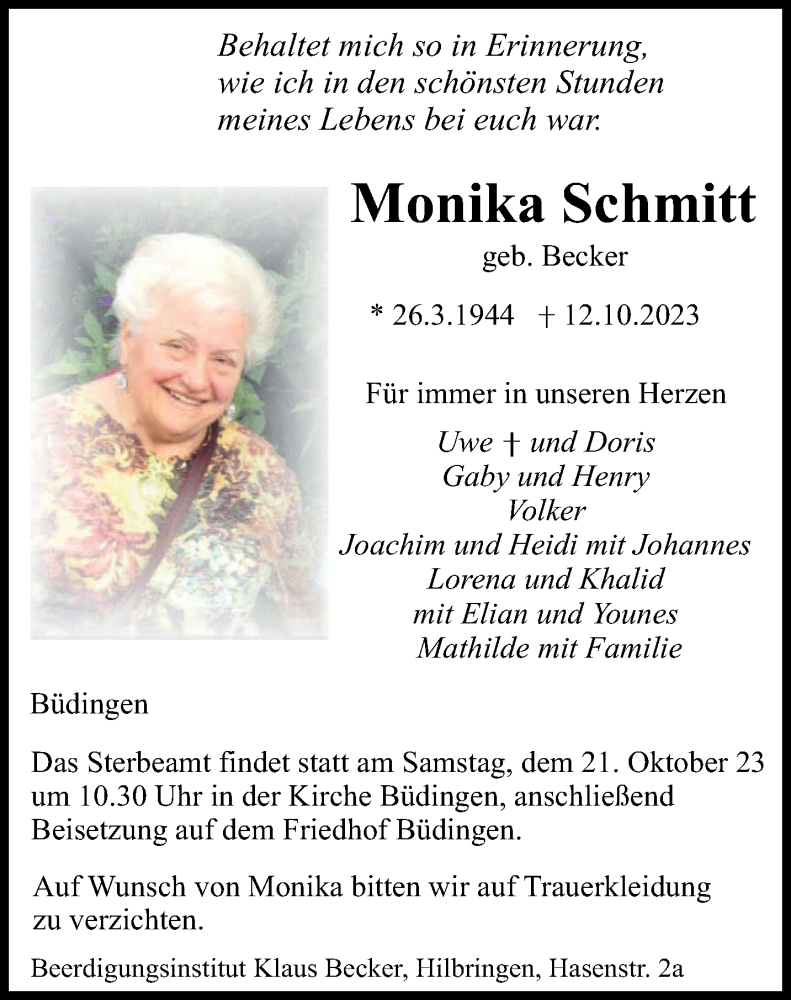  Traueranzeige für Monika Schmitt vom 18.10.2023 aus saarbruecker_zeitung
