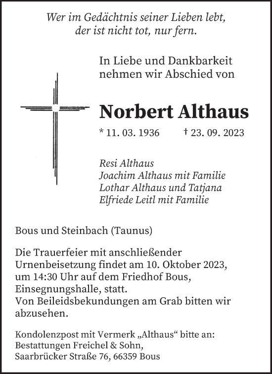 Traueranzeige von Norbert Althaus von saarbruecker_zeitung