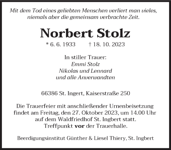 Traueranzeige von Norbert Stolz von saarbruecker_zeitung