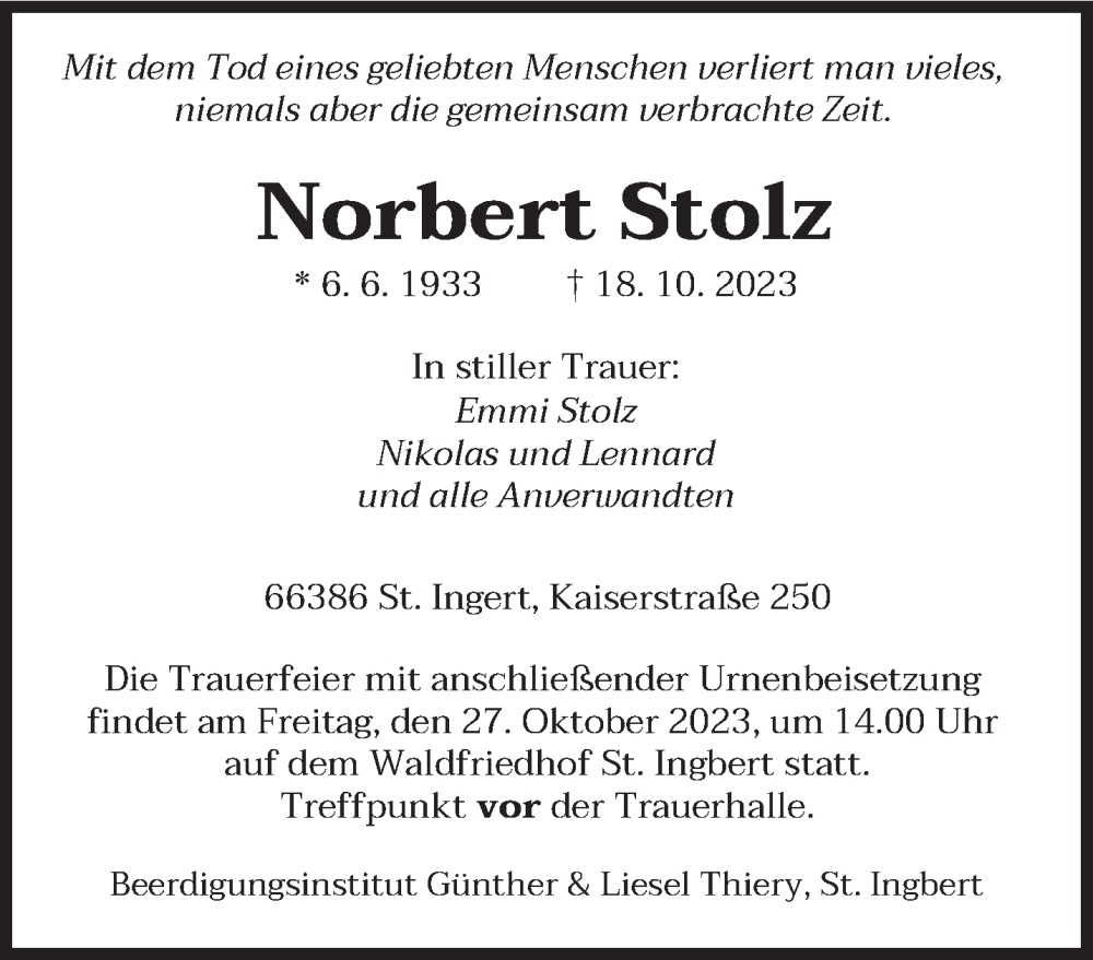  Traueranzeige für Norbert Stolz vom 21.10.2023 aus saarbruecker_zeitung