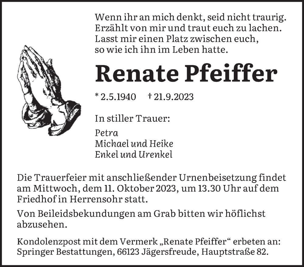  Traueranzeige für Renate Pfeiffer vom 30.09.2023 aus saarbruecker_zeitung
