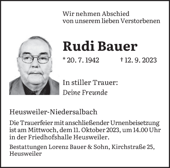 Traueranzeige von Rudi Bauer von saarbruecker_zeitung