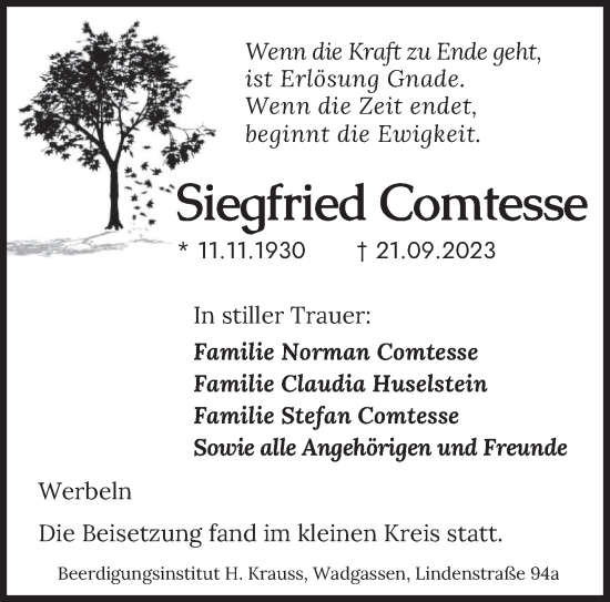 Traueranzeige von Siegfried Comtesse von saarbruecker_zeitung