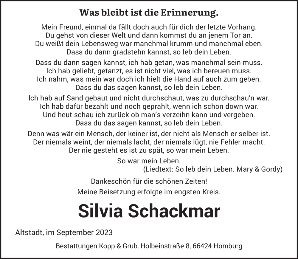  Traueranzeige für Silvia Schackmar vom 07.10.2023 aus saarbruecker_zeitung