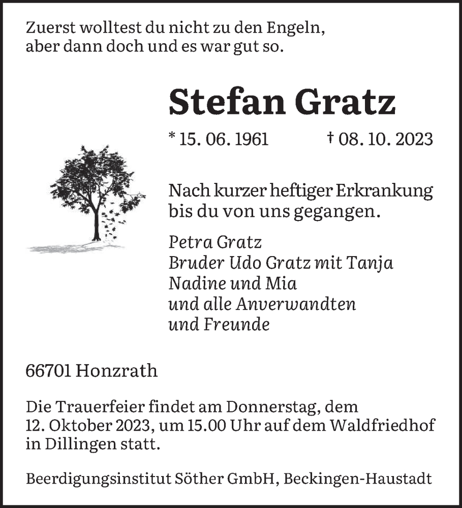  Traueranzeige für Stefan Gratz vom 07.10.2023 aus saarbruecker_zeitung
