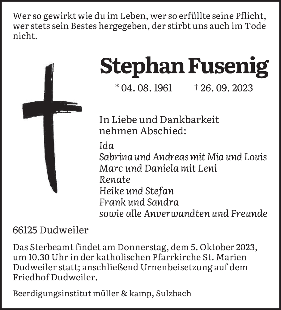  Traueranzeige für Stephan Fusenig vom 30.09.2023 aus saarbruecker_zeitung