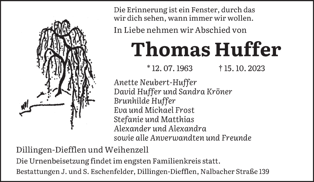  Traueranzeige für Thomas Huffer vom 28.10.2023 aus saarbruecker_zeitung