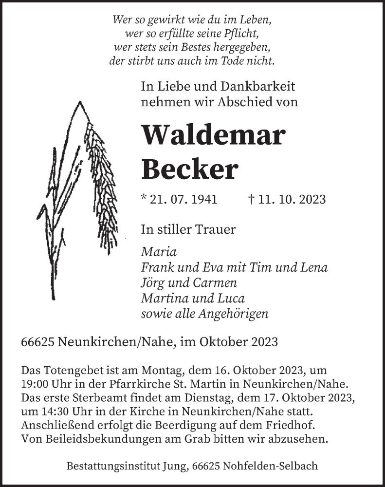  Traueranzeige für Waldemar Becker vom 14.10.2023 aus saarbruecker_zeitung
