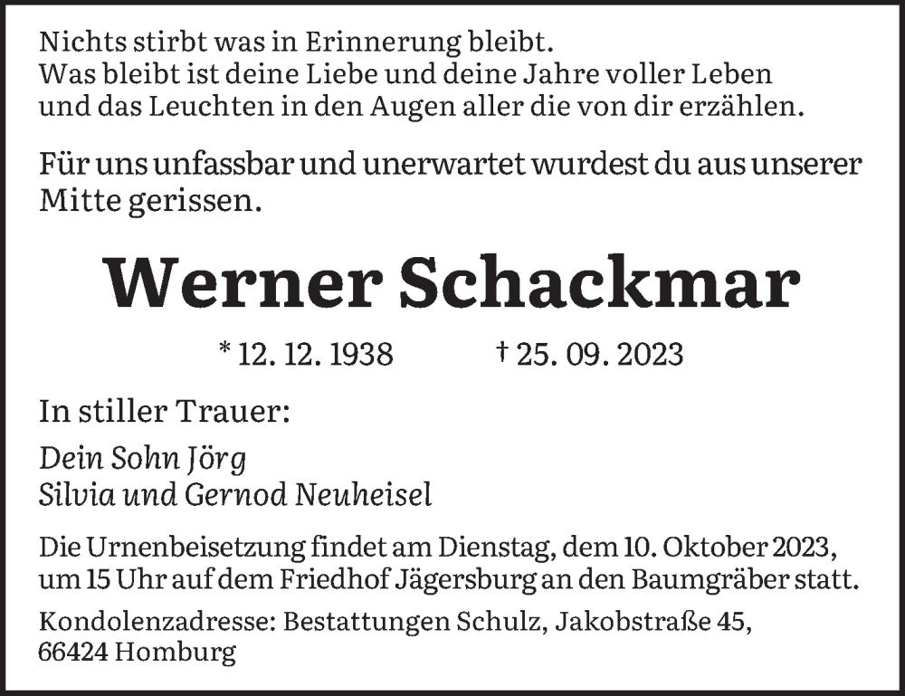  Traueranzeige für Werner Schackmar vom 07.10.2023 aus saarbruecker_zeitung