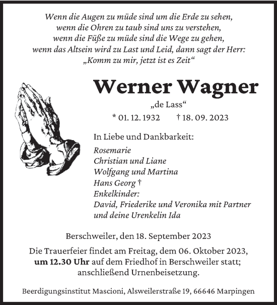 Traueranzeige von Werner Wagner von saarbruecker_zeitung