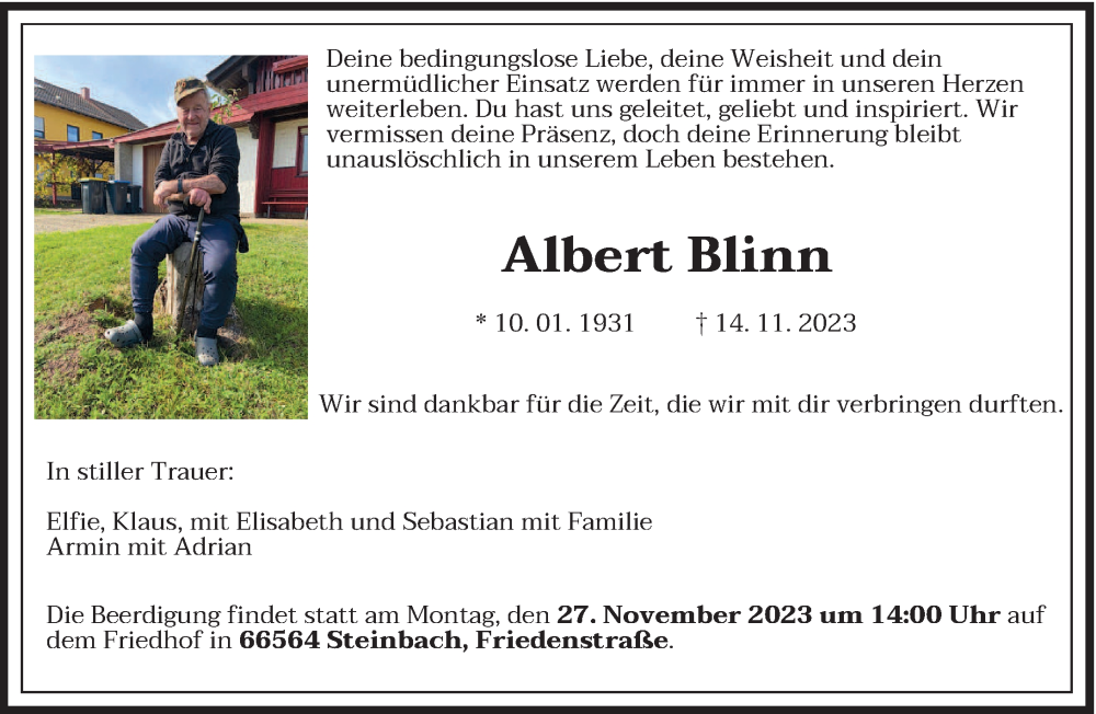  Traueranzeige für Albert Blinn vom 25.11.2023 aus saarbruecker_zeitung
