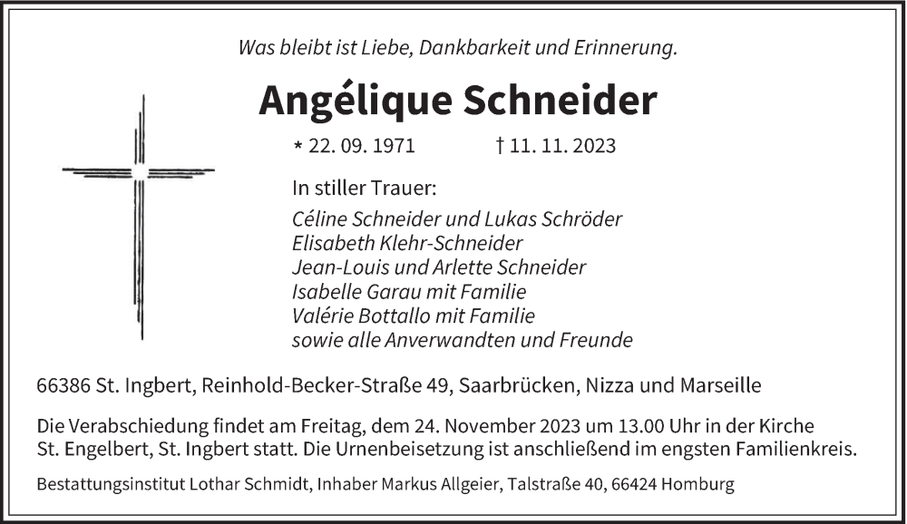  Traueranzeige für Angélique Schneider vom 18.11.2023 aus saarbruecker_zeitung