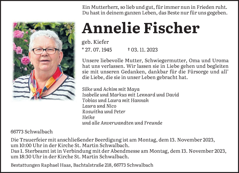  Traueranzeige für Annelie Fischer vom 08.11.2023 aus saarbruecker_zeitung
