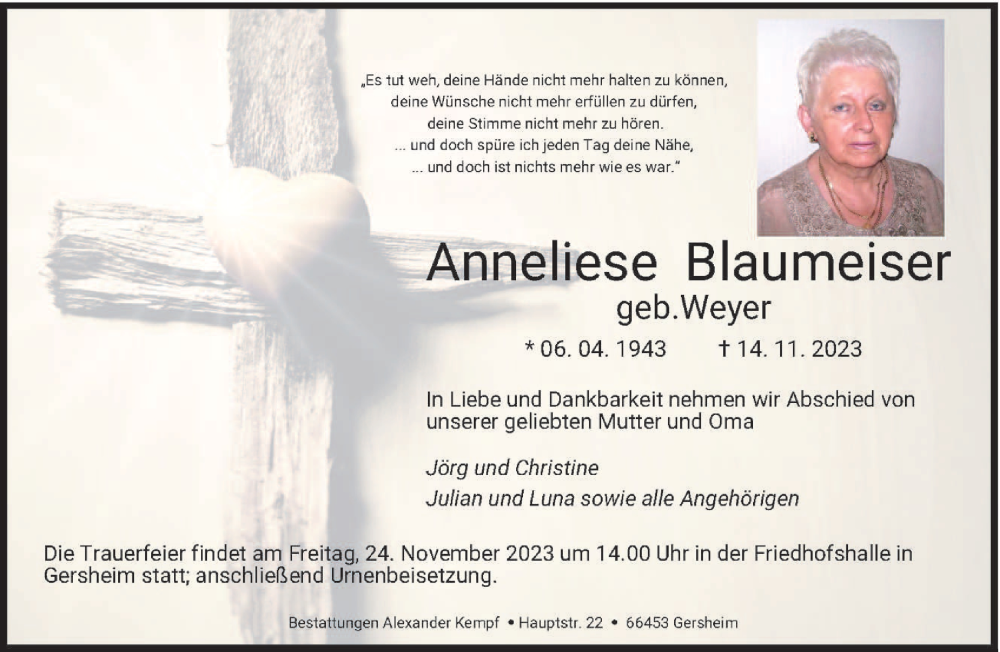  Traueranzeige für Anneliese Blaumeiser vom 18.11.2023 aus saarbruecker_zeitung