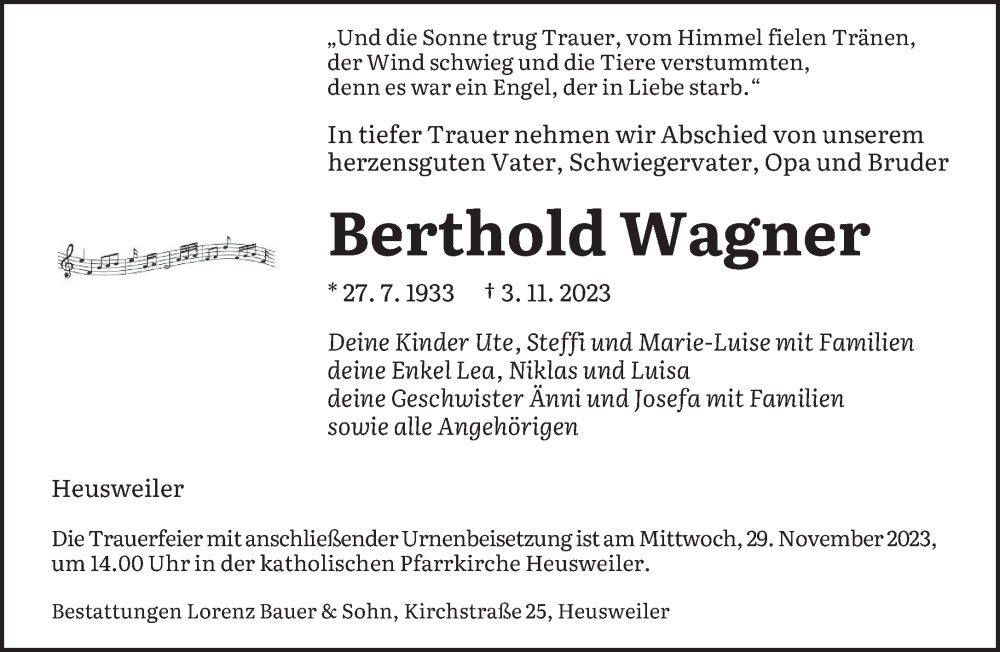  Traueranzeige für Berthold Wagner vom 18.11.2023 aus saarbruecker_zeitung