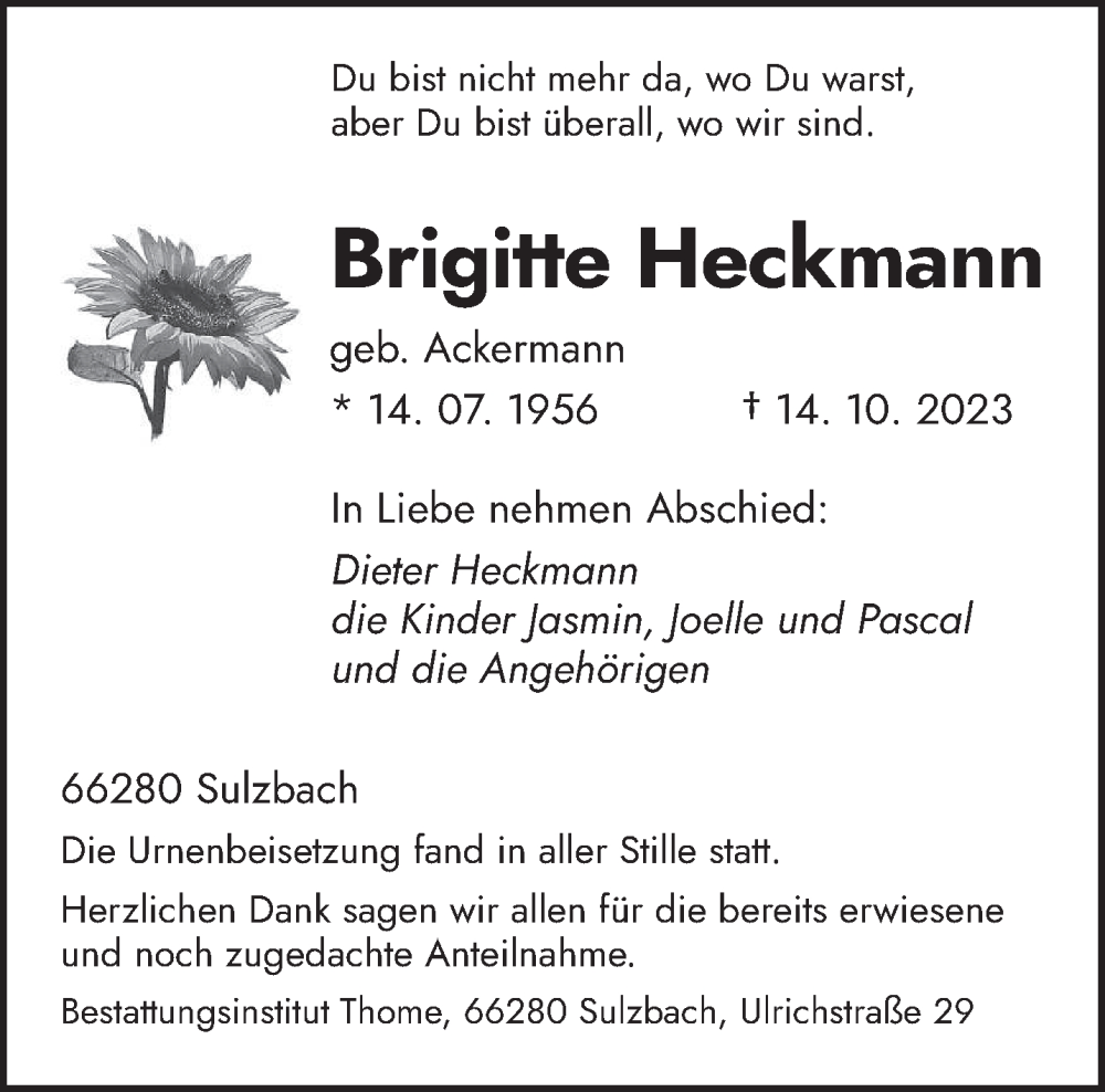  Traueranzeige für Brigitte Heckmann vom 11.11.2023 aus saarbruecker_zeitung