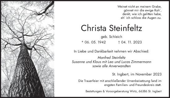 Traueranzeige von Christa Steinfeltz von saarbruecker_zeitung