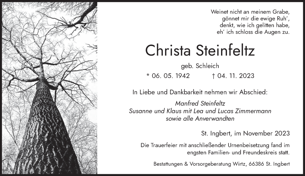  Traueranzeige für Christa Steinfeltz vom 25.11.2023 aus saarbruecker_zeitung