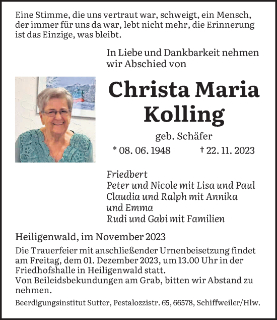 Traueranzeige von Christa Maria Kolling von saarbruecker_zeitung