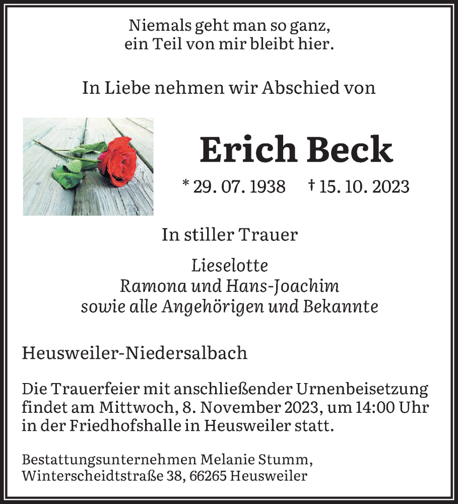  Traueranzeige für Erich Beck vom 04.11.2023 aus saarbruecker_zeitung