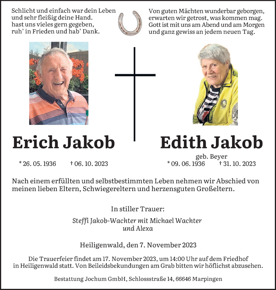  Traueranzeige für Erich und Edith Jakob vom 11.11.2023 aus saarbruecker_zeitung