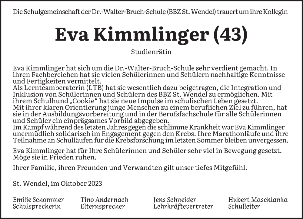  Traueranzeige für Eva Kimmlinger vom 04.11.2023 aus saarbruecker_zeitung