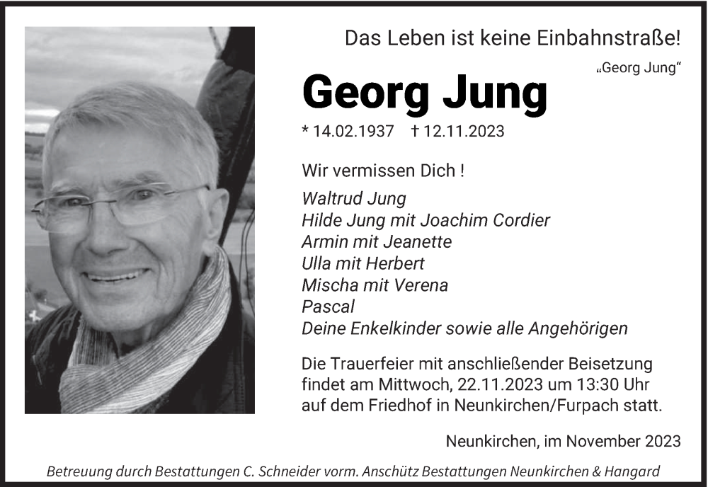  Traueranzeige für Georg Jung vom 18.11.2023 aus saarbruecker_zeitung